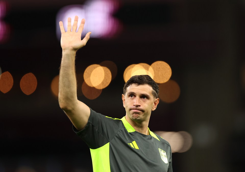 Emiliano Martinez of Aston Villa waving to fans.