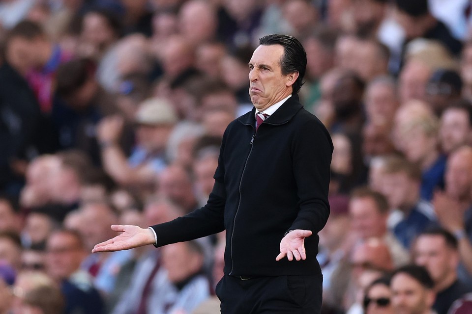 Unai Emery, Aston Villa manager, with a frustrated expression.