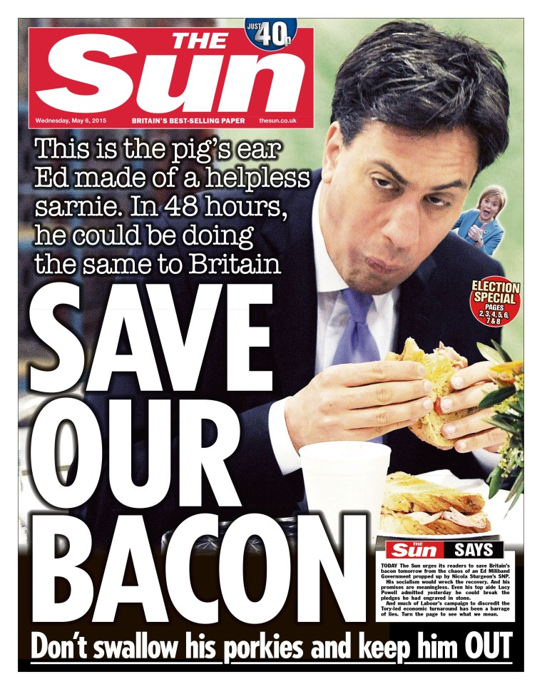 The Sun newspaper front page urging readers to "Save Our Bacon" and vote against Ed Miliband.