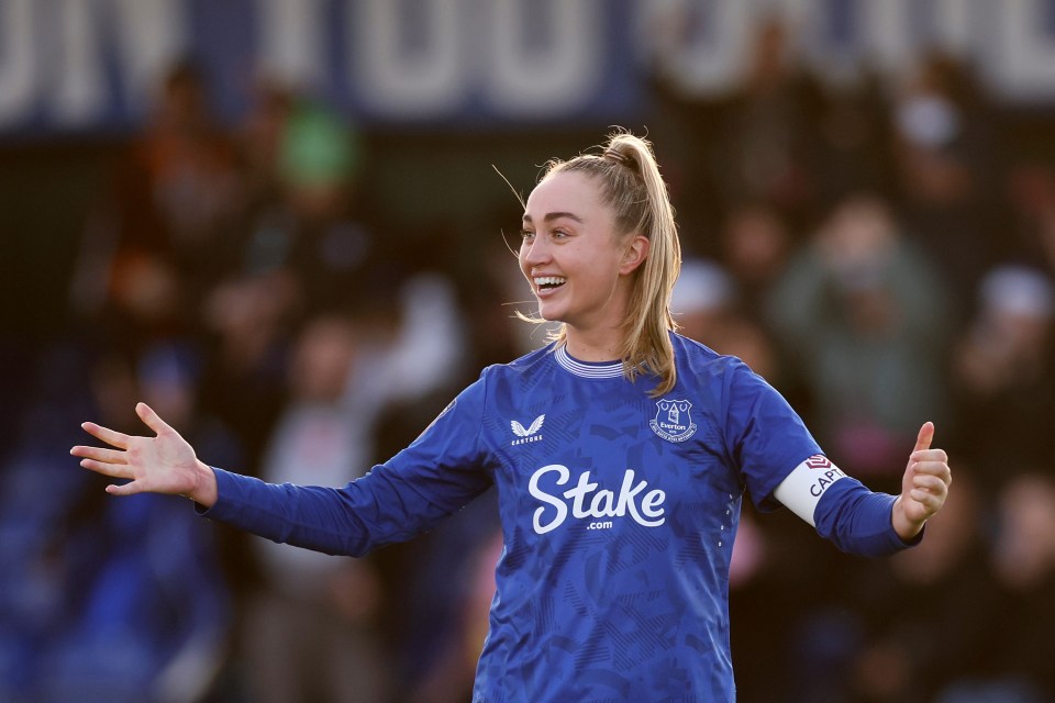 Megan Finnigan of Everton celebrating a victory.