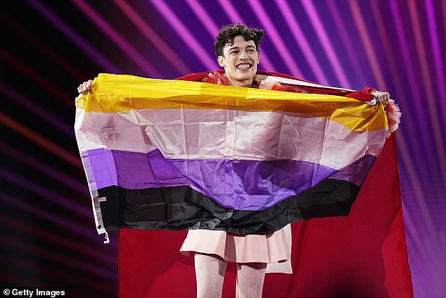 Eurovision acts have reportedly been banned from taking Pride flags onto the stage for the 2025 competition in Switzerland (Last year's winner Nemo pictured with the non-binary flag)