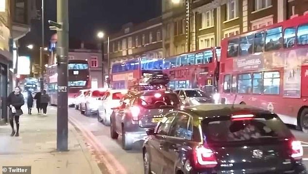 Data reveals how ten local authorities that have been praised for their environmental action are forking out taxpayers' cash to pay for chauffeurs and minicabs. Lambeth council became notorious for introducing an LTN that resulted in such congestion that buses were taking two hours to travel three miles. Pictured: Congestion caused by the LTN