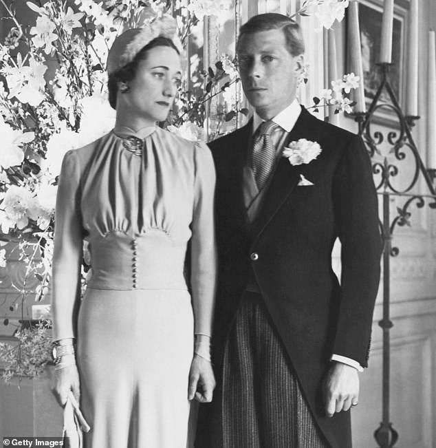 Edward VIII and Wallis Simpson (pictured) pose for a portrait after their wedding at the Chateau de Cande, in Monts, France, on June 3, 1937. Simpson chose a pale blue dress rather than a white one