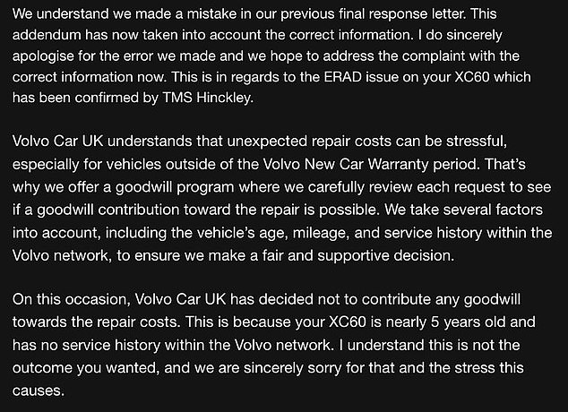 Volvo's apology to Ms Smith - in which it admits reviewing the wrong car before telling her it will not contribute to the gargantuan repair bill