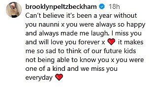 The eldest son of David and Victoria Beckham , 26, took to Instagram on Friday to share a gushing tribute to his beloved grandmother-in-law