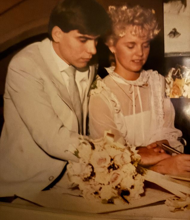 Sarah pictured with her husband, Andy, on her wedding day aged 21 - she is now 60 but has no plans to retire
