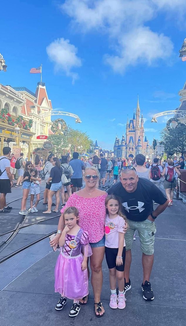 In her high-pressured day job, she mentors entrepreneurs in the hair and beauty industry on how to access government funding to scale their business and has secured more than £6 million in funding since 2008 (pictured with her husband, Andy and grandchildren, Betsy, nine, and Bloom, seven)