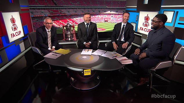 Lineker presented the FA Cup final from Wembley alongside the likes of Wayne Rooney (second left)