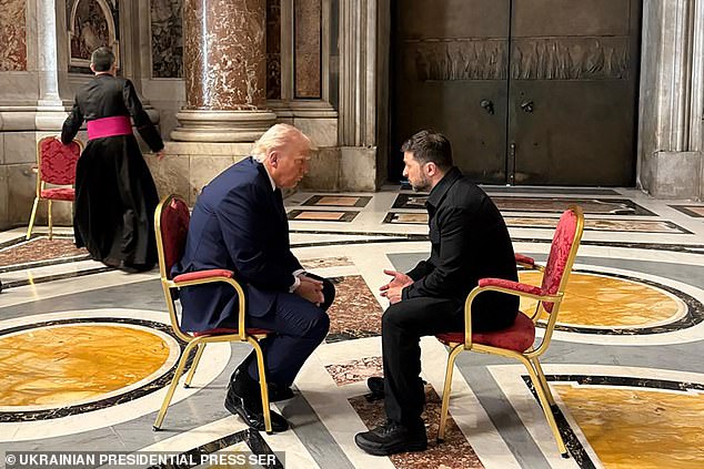 Zelensky will hold the call with Trump the day after attending Pope Leo's inaugural mass at the Vatican on Sunday - a return to the scene where he sat with Trump before former Pope Francis' funeral on April 26 (pictured)