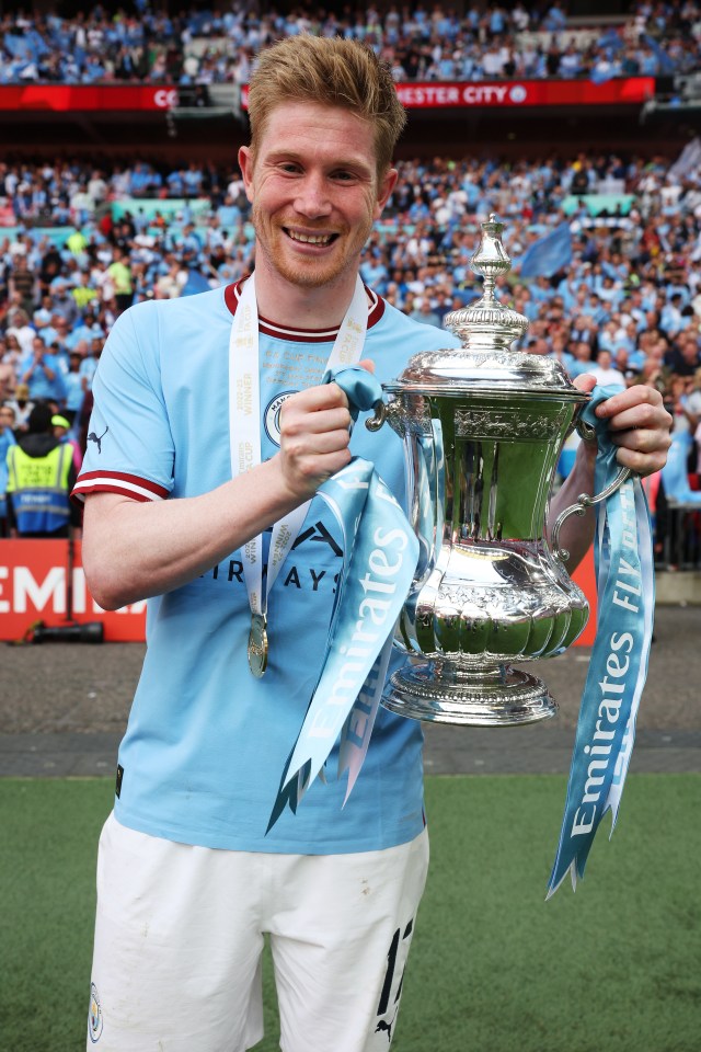 Kevin De Bruyne of Manchester City holding the FA Cup trophy.