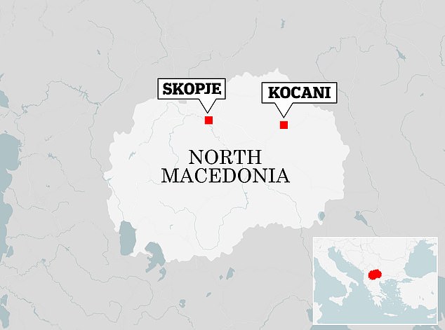 A map showing the location of Kocani, the site of the nightclub fire, which is around 100 kilometres east of the North Macedonian capital Skopje