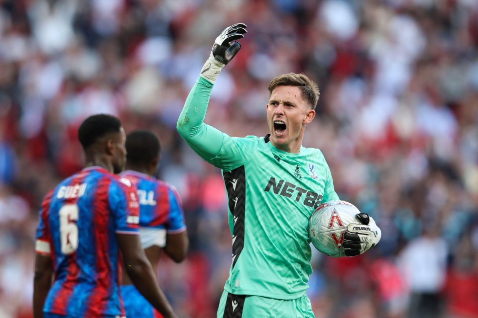 Dean Henderson of Crystal Palace celebrates saving a penalty.