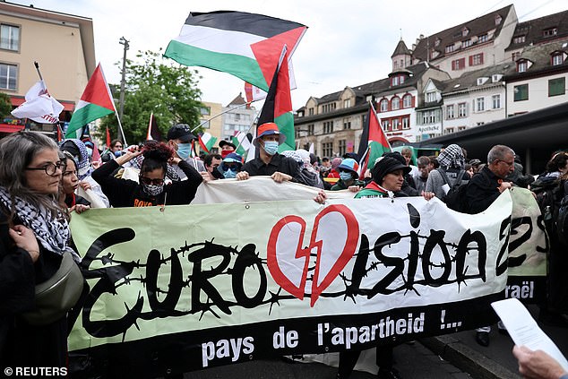 Droves of protesters flocked to Barfüsserplatz in the heart of the Swiss city, which is hosting this year's Eurovision contest