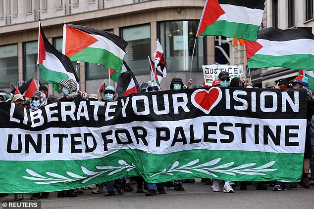 One sign read: 'Liberate your vision, united for Palestine', as several of flags were waved in the background