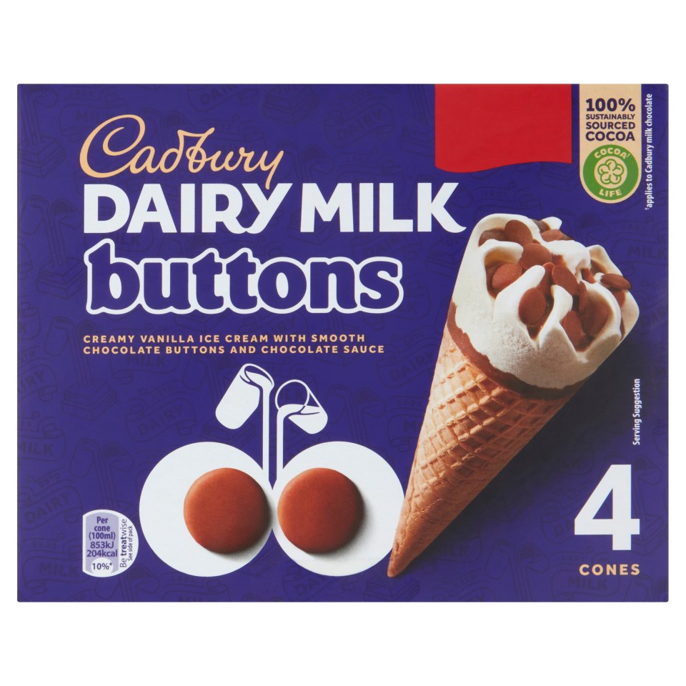 Cadbury Dairy Milk Buttons ice cream cones, 4 cones per pack.