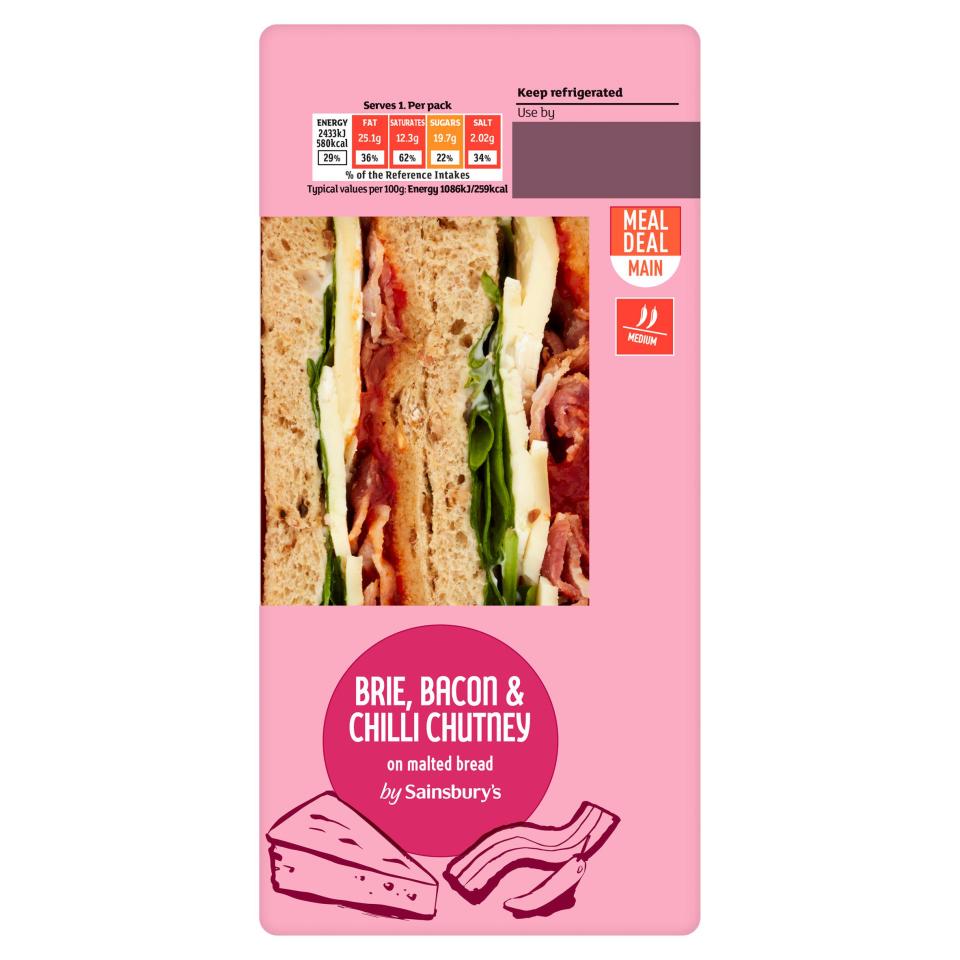 Sainsbury's brie, bacon & chili chutney sandwich on malted bread.