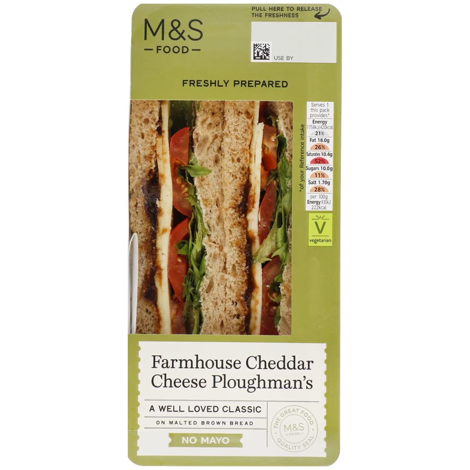 Farmhouse Cheddar Cheese Ploughman's sandwich on malted brown bread.