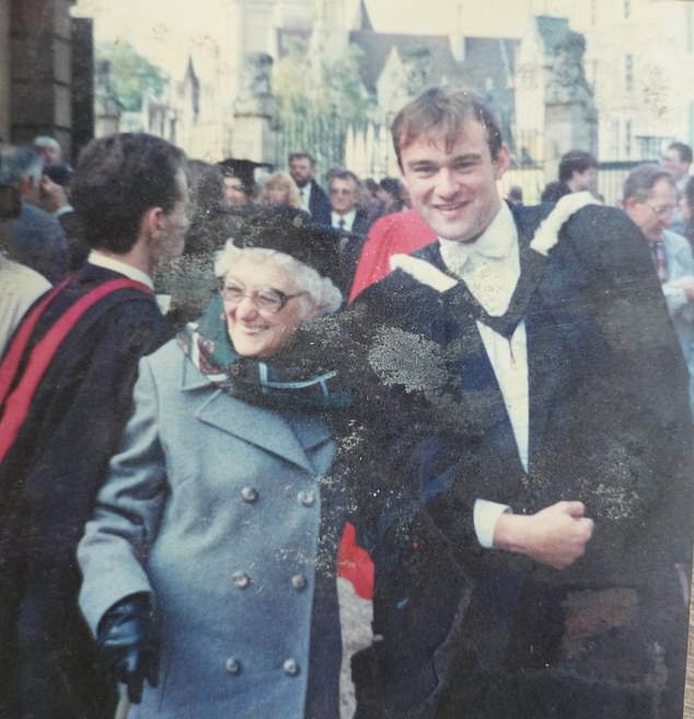 Davey at his graduation with his proud maternal grandmother, Nanna. He attended Jesus College, Oxford, where he was awarded a first class BA degree in philosophy, politics and economics in 1988