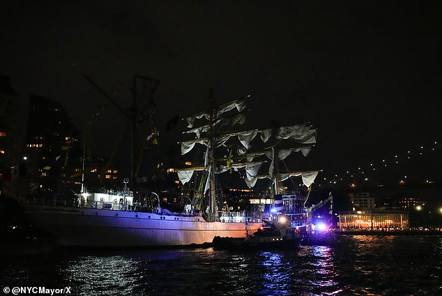 The ship can be seen stranded following the collision on Saturday night