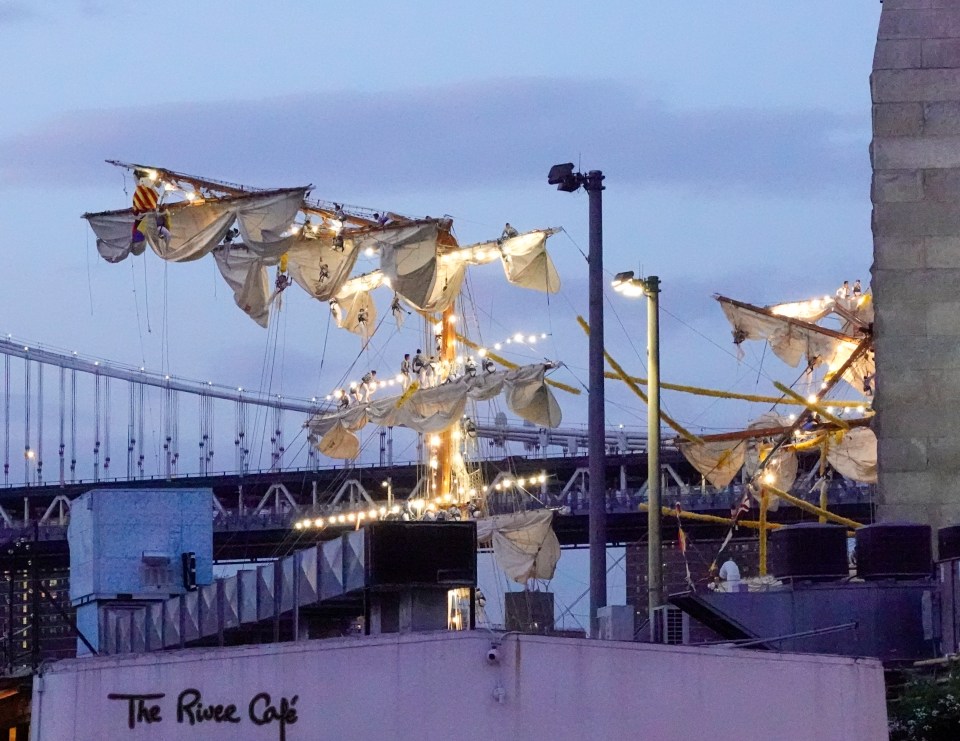 Sailors on the masts of the Cuauhtemoc, a Mexican Navy training boat, after it hit the Brooklyn Bridge.