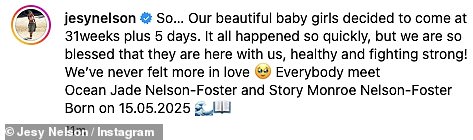 Jesy Nelson has confirmed the birth of her twins with partner Zion Foster in an emotional Instagram post, shared on Sunday - three days after their birth