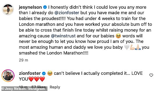 JIt comes after Jesy shared a gushing Instagram tribute from her hospital bed after Zion completed the London Marathon on Sunday