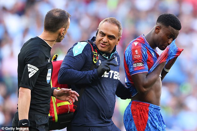England star Guehi was taken off just before the hour mark after a painful blow to his eye