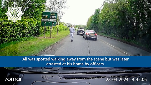 Dashcam footage showed the shocking moment Ali ran away after killing Ms Ayres in a horror head-on crash