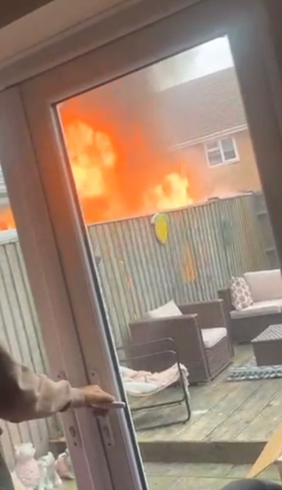Fire engulfing a garden viewed through a window.