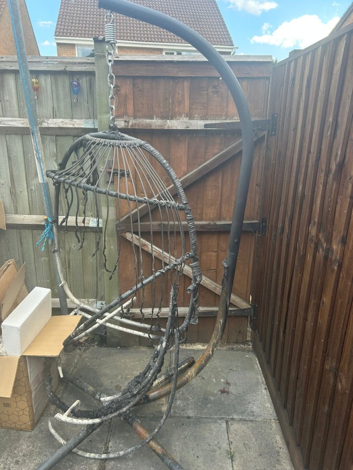 Fire-damaged garden furniture.