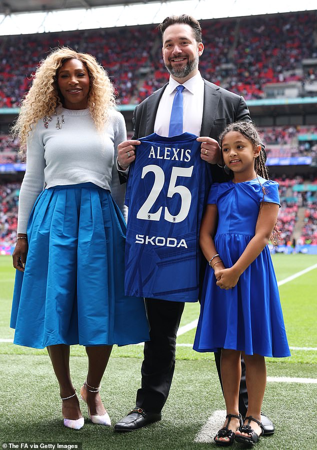 Serena appeared in top spirits after the game as she posed alongside his Pinterest co-founder husband and their eldest daughter Olympia, seven, with her youngest, Adira, 21 months, missing from the match