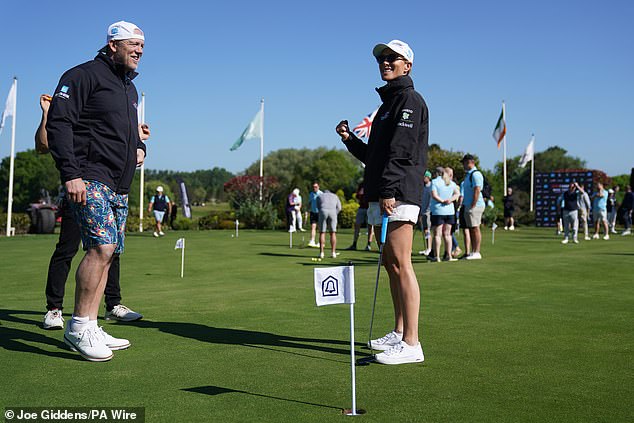 Mike and Zara on the golf course at the Belfry hotel as the former England rugby player wore printed golf shorts featuring a bold print of peacock feathers in a sartorial choice that tickled his followers