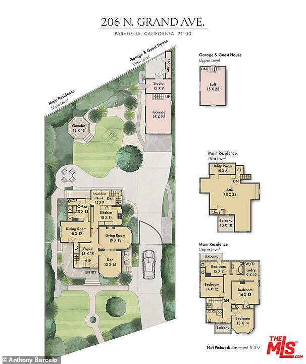Floor plan highlights the home’s three stories and carriage house layout