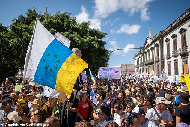 Thousands of fed-up locals kicked off demonstrations across the archipelago from 11am, including in Tenerife, Fuerteventura, Ela Hierro, La Palma, La Gomera, and Lanzarote