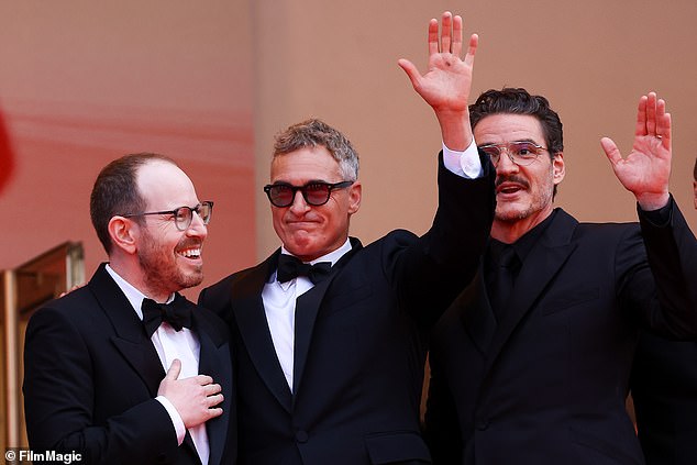 Joaquin and Pedro waved to fans at the premiere of their film Eddington during the Cannes Film Festival