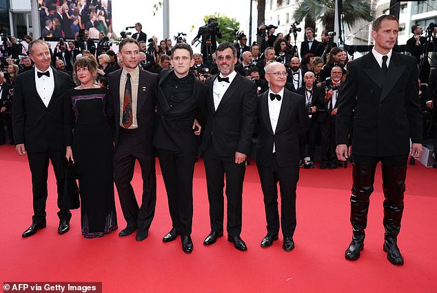 Andrew Lowe, British director and screenwriter Harry Lighton, Harry Melling, Lee Groombridge, Irish producer Ed Guiney and Swedish actor Alexander Skarsgard at the Cannes premiere