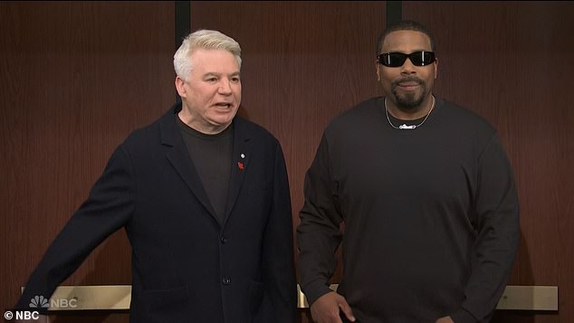 'Oh, my God. Is that Kanye West?!' the panicked Austin Powers star said as Thompson entered the elevator. Johansson's character immediately got off, and Myers called out to her: 'You can’t leave me alone in here with him!'