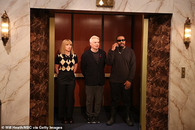 But after Marcello got off the elevator and Scarlett confessed that she and her girlfriends 'quote Shrek all the time' — and Myers quipped, 'That's a little weird' — suddenly Thompson's version of Kanye West stepped on the elevator