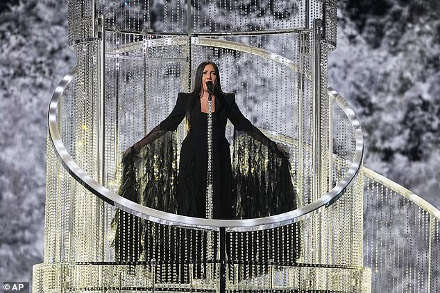 Video captured the pair's demonstration while singer Yuval Raphael (pictured) performed New Day Will Rise at the St Jakobshalle arena