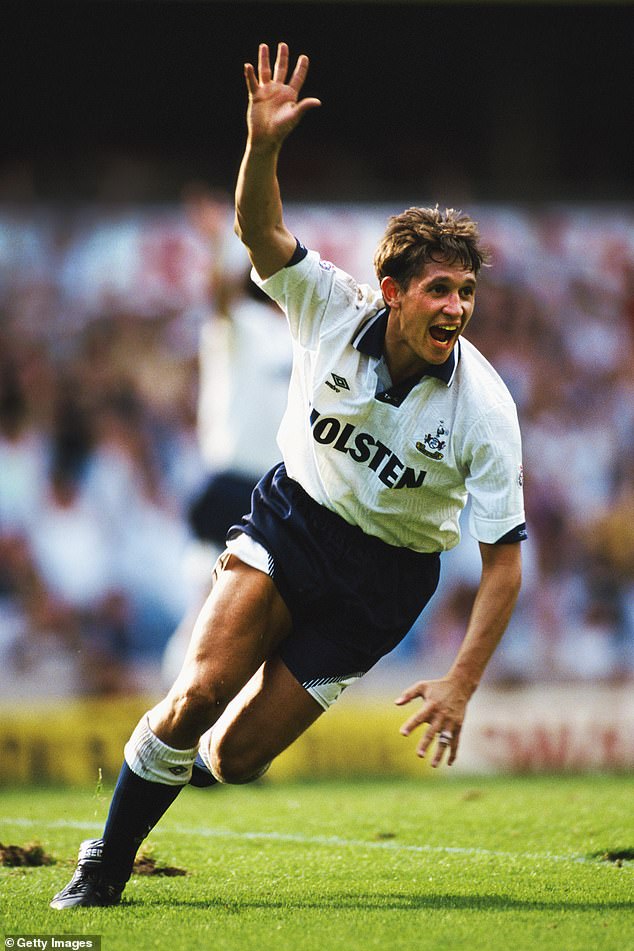 Lineker lost his coveted centre forward spot under Johan Cryuff so returned to England with Spurs. Pictured: Lineker whirling away in celebration after scoring the first goal during a 2-0 win over Queens Park Rangers in September 1991