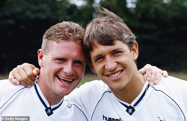 Spurs and England team mates Paul Gascoigne (left) and Gary Lineker (right) share a joke at a Tottenham Hotspur pre season photocall prior to the 1990/91 season
