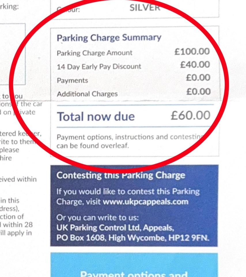 Parking charge notice showing £60.00 total due.