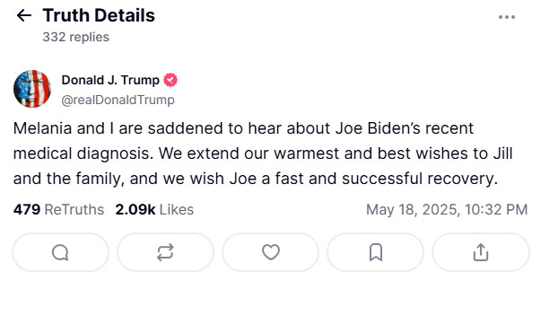 Screenshot of a Truth Social post where Donald Trump sends well wishes to Joe Biden.