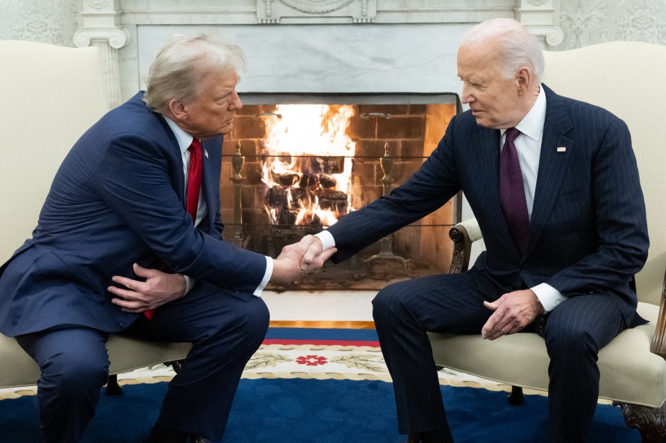 President Trump and President Biden shaking hands in the Oval Office.