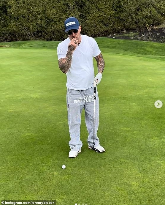 Justin's father Jeremy was pictured playing golf earlier this month, captioning the post 'life k upperdecky' to his 2.2 million followers on the platform