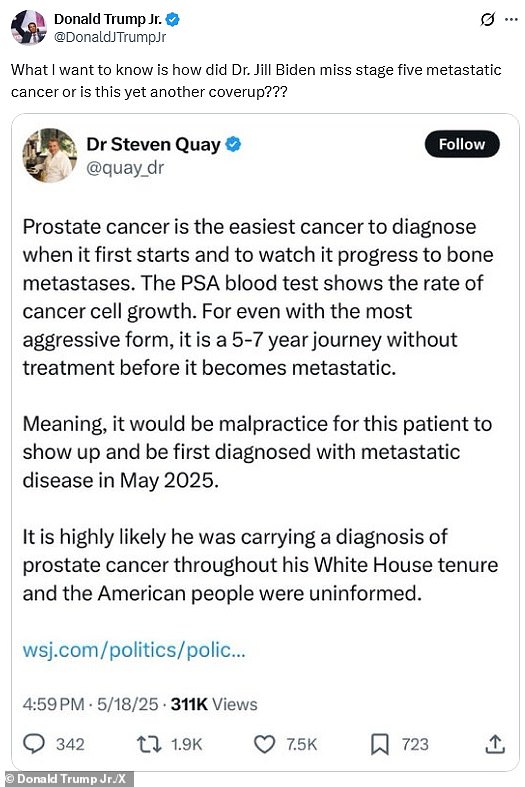 He publicly questioned whether former First Lady Jill Biden covered up her husband's cancer