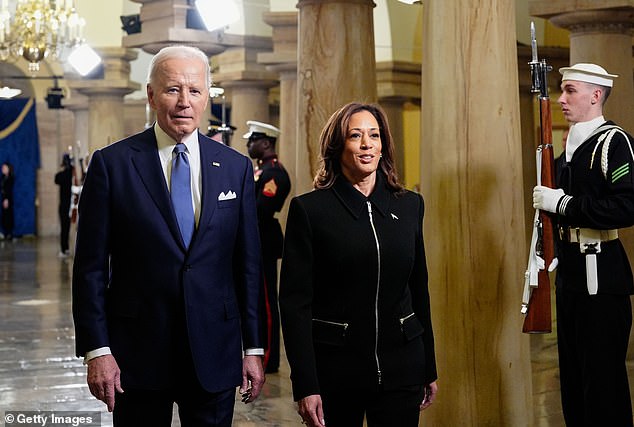 .President Joe Biden and Vice President Kamala Harris arrive before the inauguration of Donald Trump at the United States Capitol on January 20, 2025