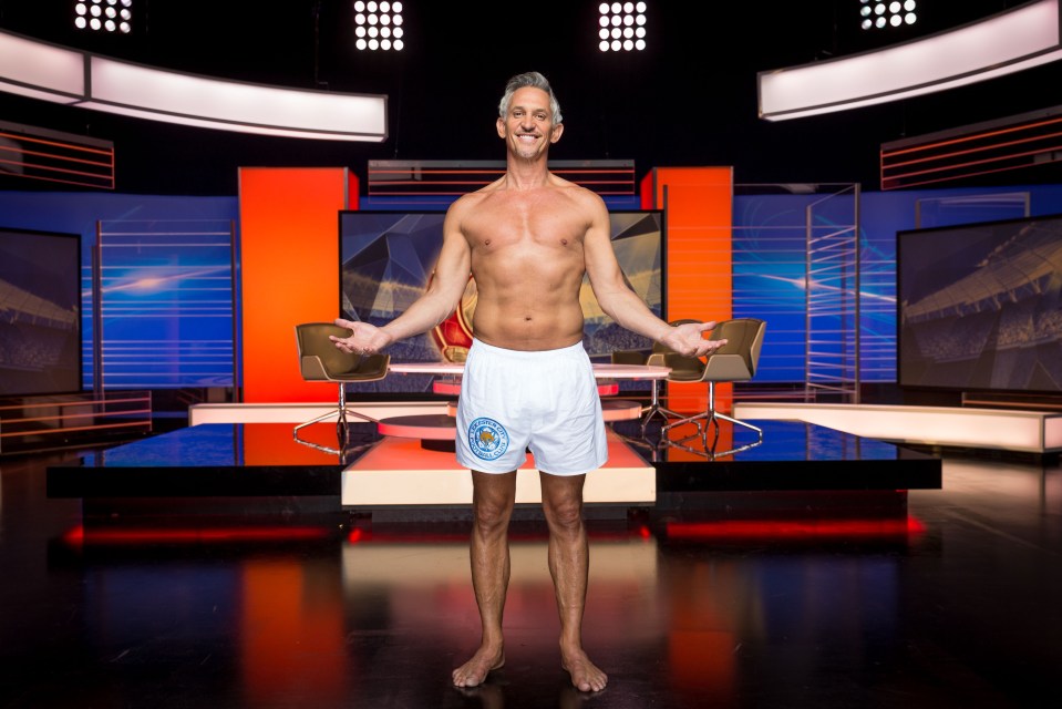 Gary Lineker in underwear on a TV set.