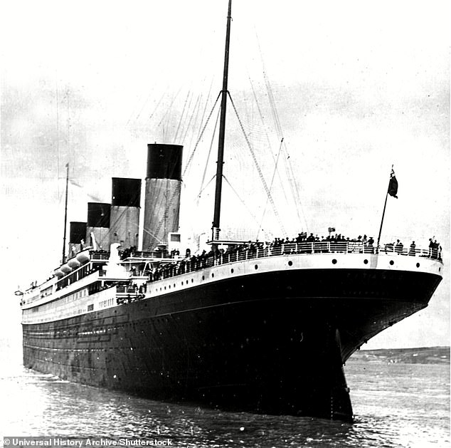 The RMS Titanic calamitously sank after striking an iceberg in the North Atlantic Ocean during its maiden voyage in April 1912; seen during its maiden voyage