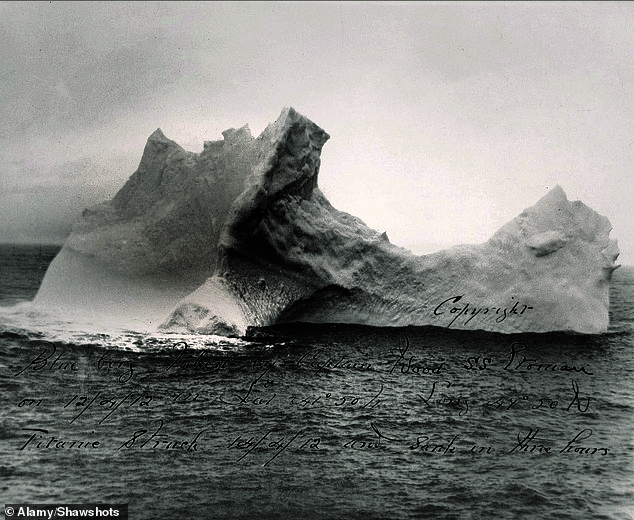 The RMS Titanic tragically sank in the early hours of April 15, 1912 after a collision with an iceberg, killing an estimated 1,517 of the 2,224 people on board within a mere three hours (Pictured: an annotated and signed photograph of the iceberg that reportedly sank the Titanic; pictured a day after the sinking on April 16 1912)